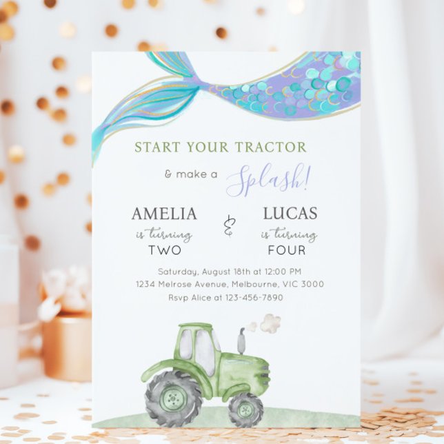 Invitation Anniversaire commun du tracteur vert et de la sirè (Créateur téléchargé)