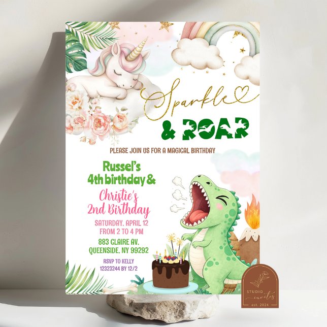 Invitation Anniversaire commun Licorne Dinosaure Étincelle et (Créateur téléchargé)