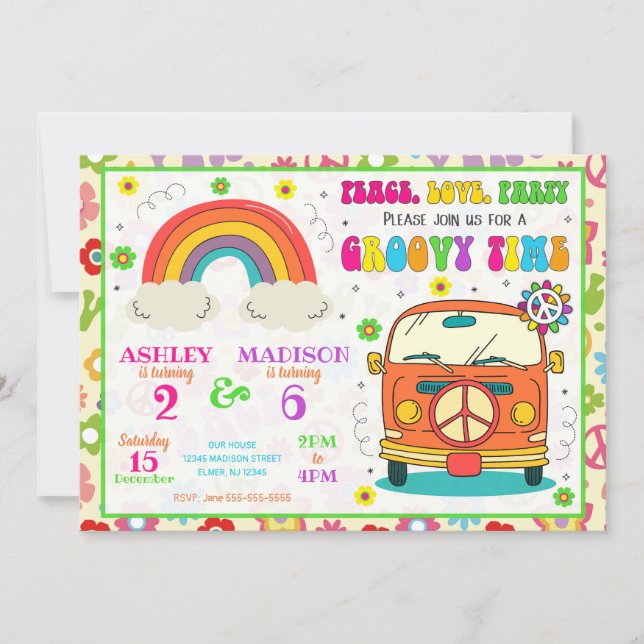 Invitation Anniversaire conjoint à thème groovy 70 hippie van (Devant)