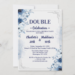 Invitation Anniversaire conjoint bleu et blanc élégant floral