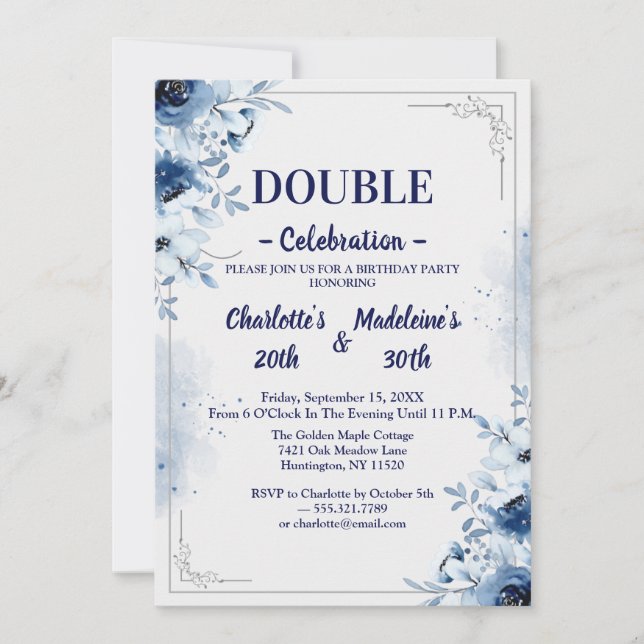 Invitation Anniversaire conjoint bleu et blanc élégant floral (Devant)