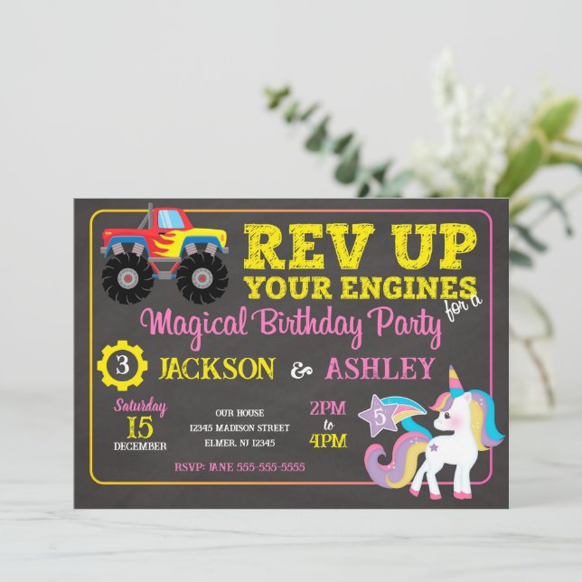 Invitation Anniversaire conjoint camion monstre et licorne (Debout devant)