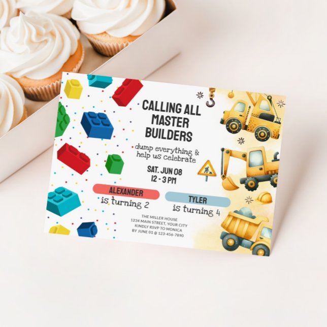 Invitation Anniversaire conjoint Construction & Blocs de cons (Dual Birthday Party Invitation - Building Blocks & Dump Trucks)
