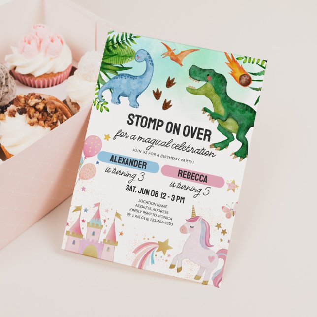 Invitation Anniversaire conjoint de dinosaure et de licorne p (Joint Kids Birthday Invitation - Dinosaur & Unicorns)
