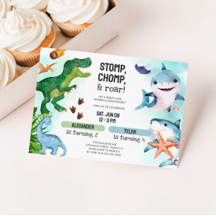 Invitation Anniversaire conjoint de dinosaures et de requins