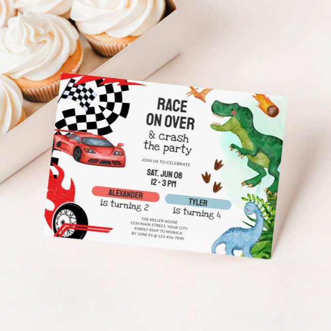 Invitation Anniversaire conjoint de dinosaures et de voitures (Dual Kids Birthday Party Invite - Race Cars & Dinosaurs)