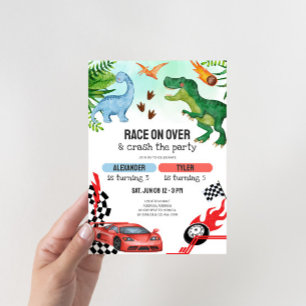 Invitation Anniversaire conjoint de dinosaures et de voitures