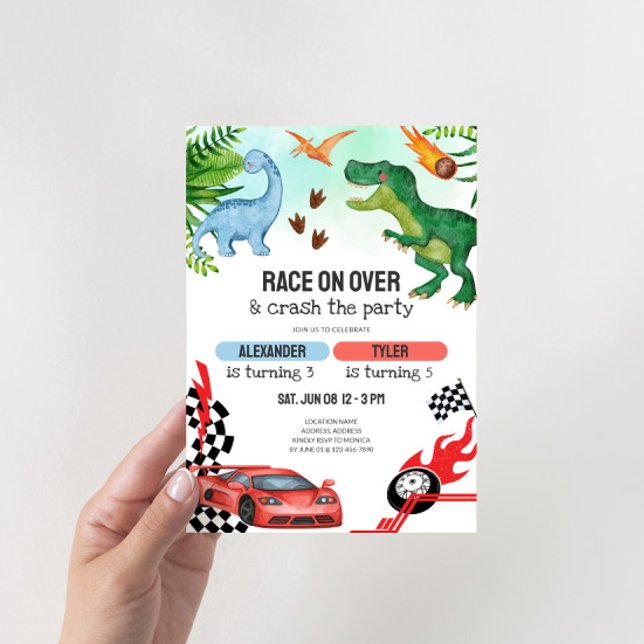 Invitation Anniversaire conjoint de dinosaures et de voitures (Joint Kids Birthday Party Invitation - Dinosaurs and Race Cars)