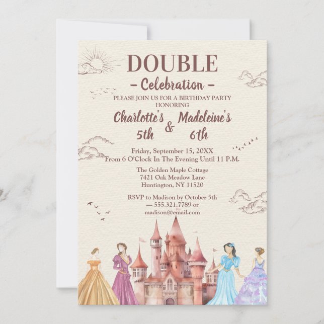 Invitation Anniversaire conjoint de filles en beige illustrat (Devant)