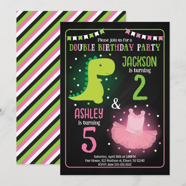 Invitation Anniversaire conjoint de frères et sœurs Dinosaure (Devant / Derrière)