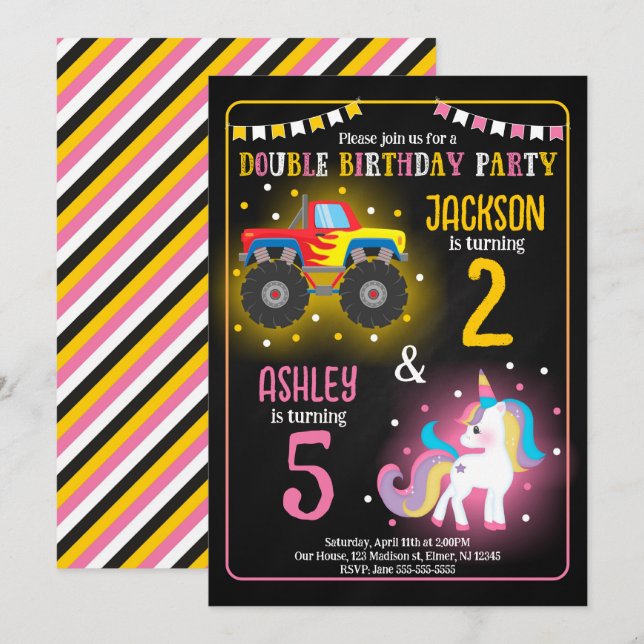 Invitation Anniversaire conjoint de frères et sœurs Monster T (Devant / Derrière)