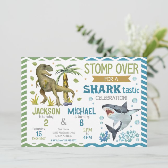 Invitation Anniversaire conjoint de requins et de dinosaures (Debout devant)