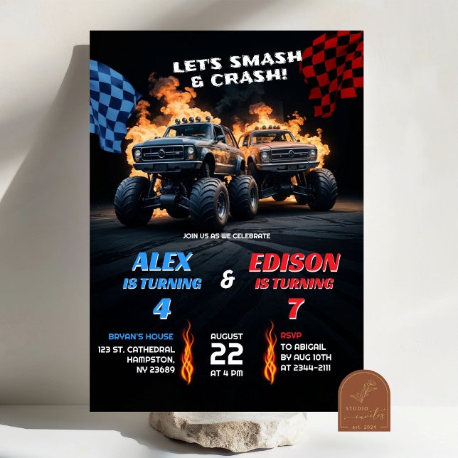 Invitation Anniversaire conjoint des garçons Monster Truck (Créateur téléchargé)
