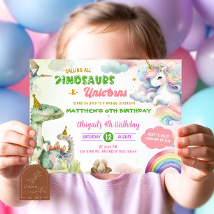 Invitation Anniversaire conjoint des licornes et des dinosaur