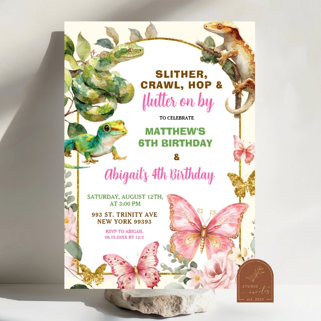 Invitation Anniversaire conjoint des papillons et des reptile (Créateur téléchargé)