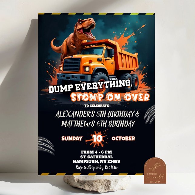 Invitation Anniversaire conjoint dinosaure et camion à benne (Créateur téléchargé)