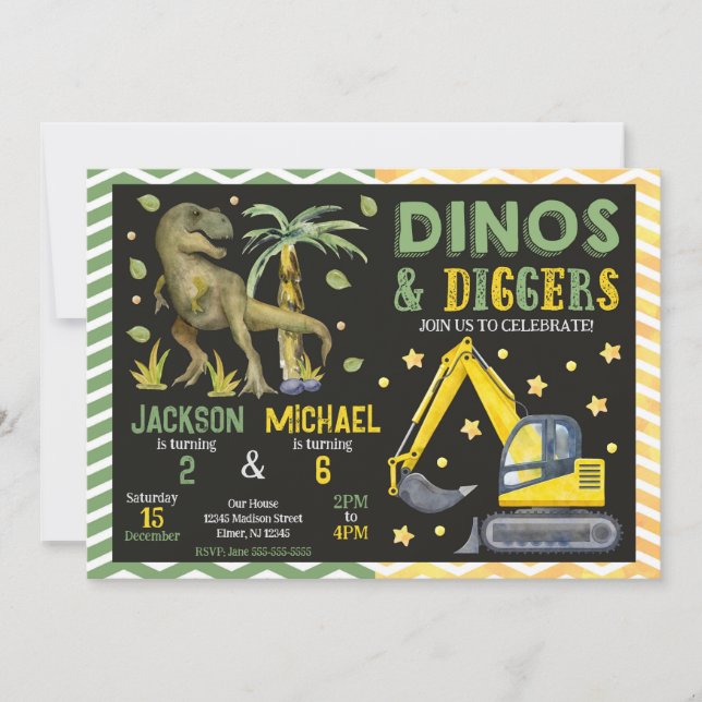 Invitation Anniversaire conjoint dinosaure et construction (Devant)
