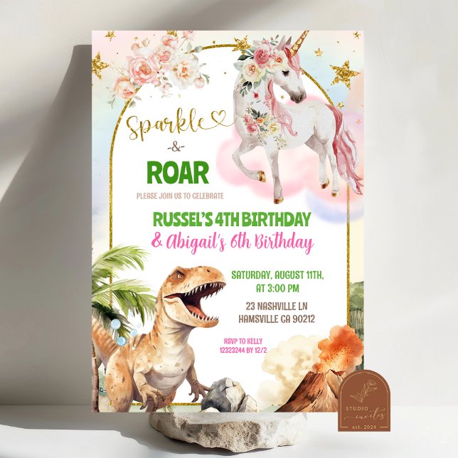 Invitation Anniversaire conjoint dinosaure et licorne pastel  (Créateur téléchargé)