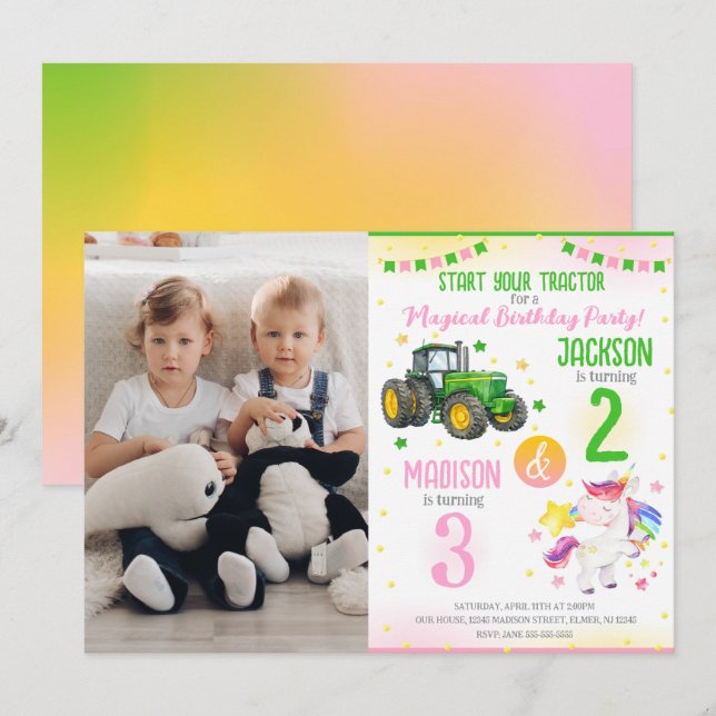 Invitation Anniversaire conjoint du tracteur vert et de la li (Devant / Derrière)