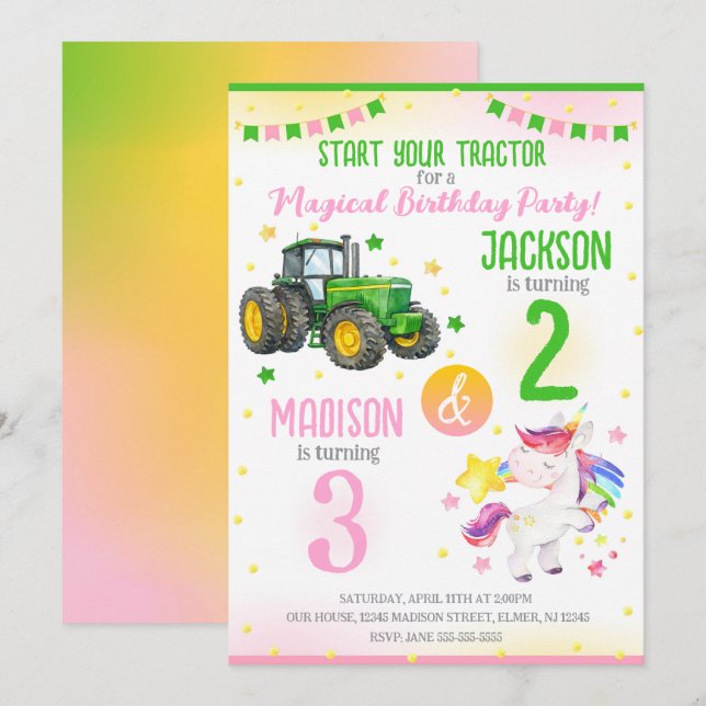 Invitation Anniversaire conjoint du tracteur vert et de la li (Devant / Derrière)