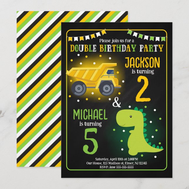 Invitation Anniversaire conjoint frère dinosaure camion de co (Devant / Derrière)