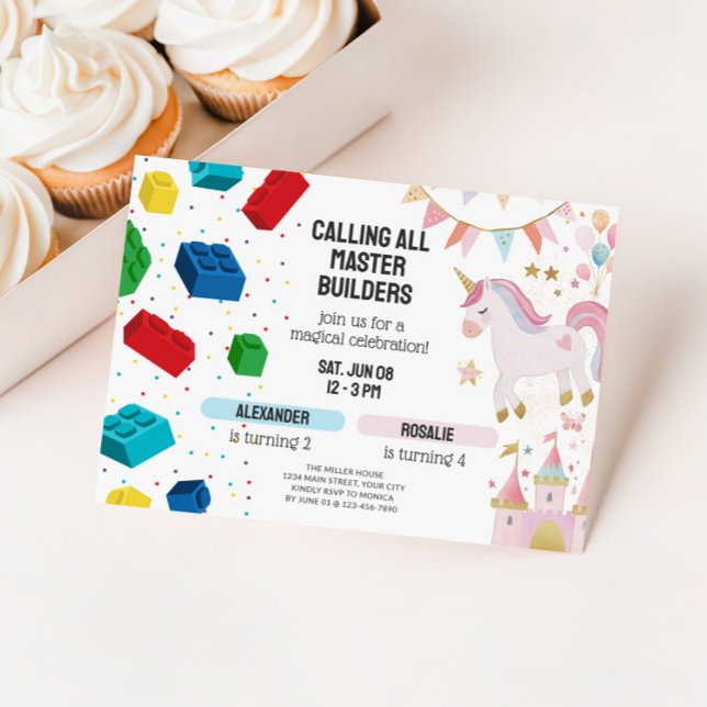 Invitation Anniversaire conjoint Licorne et Blocs de construc (Joint Sibling Birthday Invitation - Unicorns and Building Blocks)