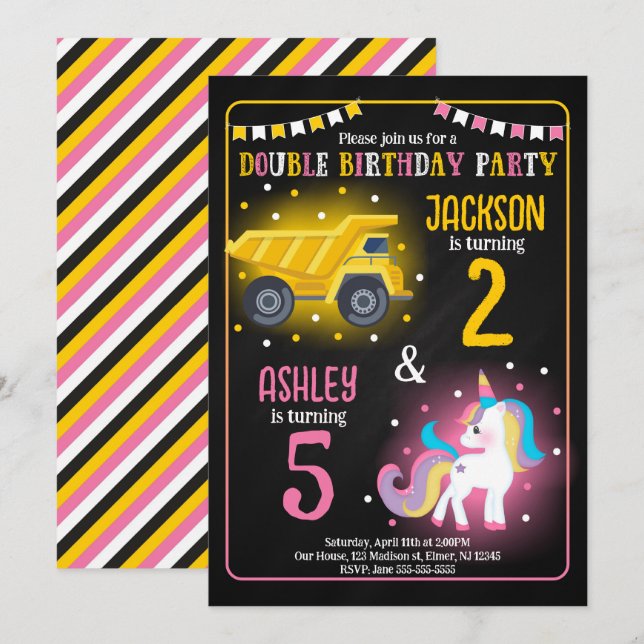 Invitation Anniversaire conjoint Licorne et Camion de Constru (Devant / Derrière)