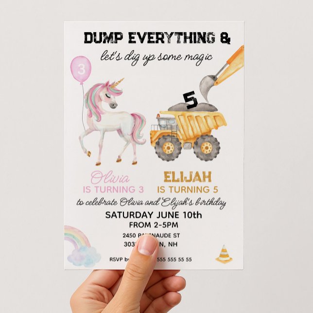 Invitation Anniversaire conjoint Licorne et fête de construct (Joint birthday sibling invitation construction and unicorn)