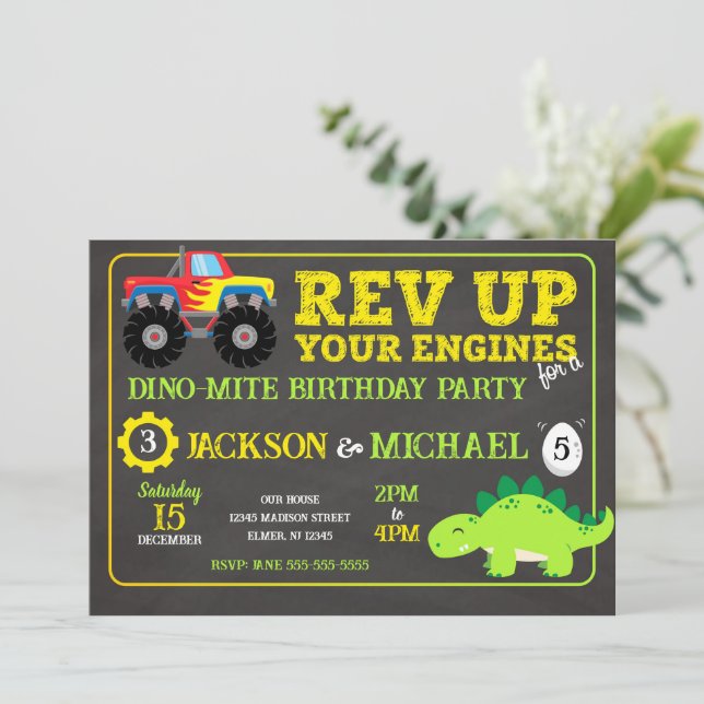 Invitation Anniversaire conjoint Monster Truck et dinosaure (Debout devant)
