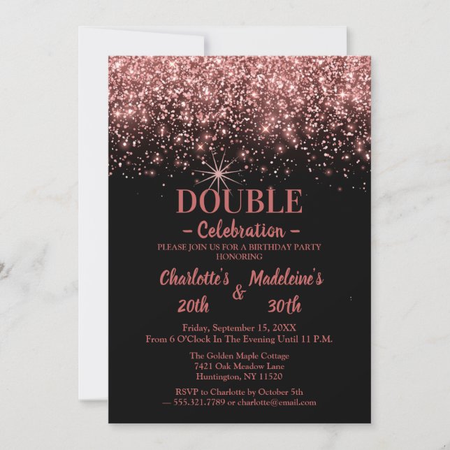 Invitation Anniversaire Conjoint Rose Noir Paillettes Or (Devant)