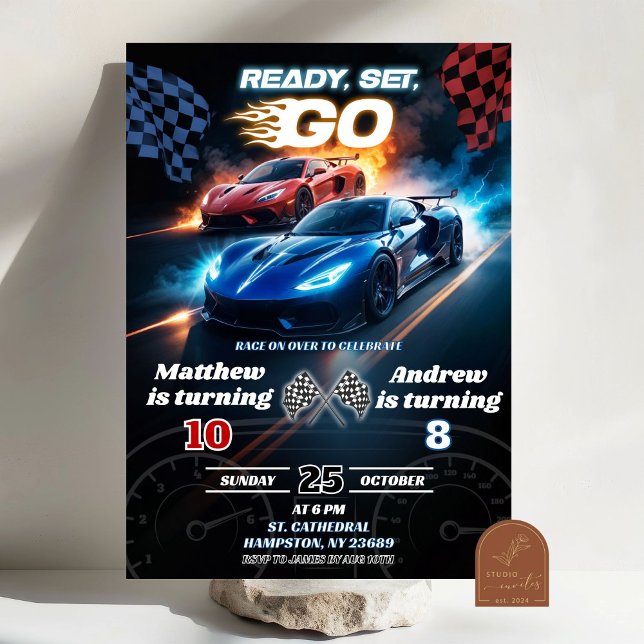 Invitation Anniversaire conjoint Rouge et Bleu Voiture de cou (Créateur téléchargé)