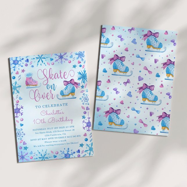 Invitation Anniversaire Contes de Fées Glacés Patin à Glace F (Ice Skating Watercolor Frozen Fairy Tale Snowflakes Hearts Ice Crystals Birthday Invitation
)