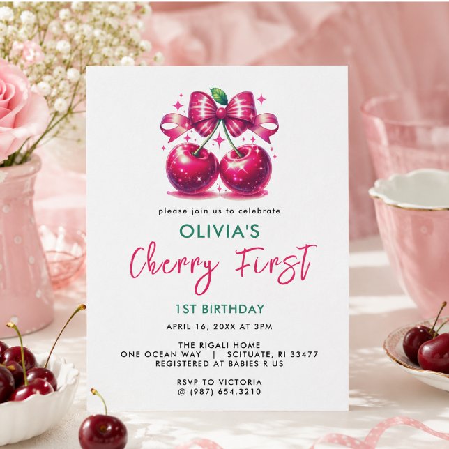 Invitation Anniversaire Coquette Aquarelle Cerise 1 an (Watercolor Coquette Cherry 1st Birthday Invitation)