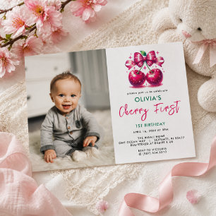 Invitation Anniversaire Coquette Aquarelle Cerise 1 an