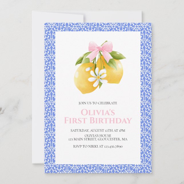 Invitation Anniversaire Coquette Rose Citron prépa (Devant)
