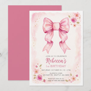 Invitation Anniversaire Coquette Ruban Rose Floral Aquarelle