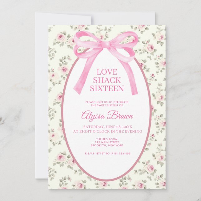 Invitation anniversaire coquette Sweet 16 ruban ro (Devant)