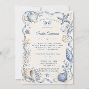 Invitation Anniversaire Coquillage Aquarelle Bleu Côtiers