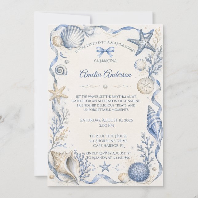 Invitation Anniversaire Coquillage Aquarelle Bleu Côtiers (Devant)