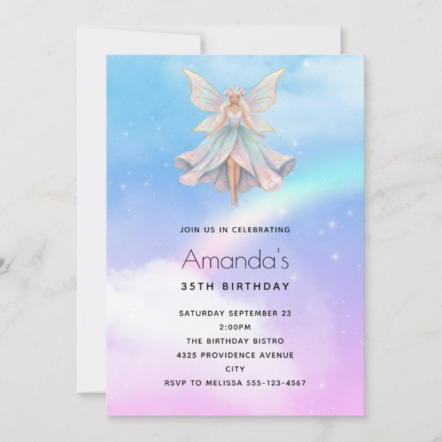 Invitation Anniversaire Couleurs Pastel Ange Magique Fée (Devant)