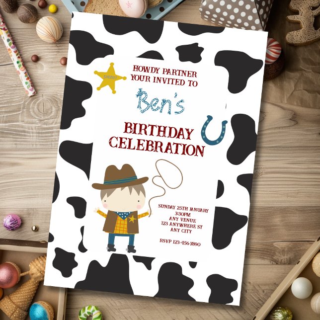Invitation Anniversaire Cowboy avec Imprimé Vache Mignonne (Créateur téléchargé)