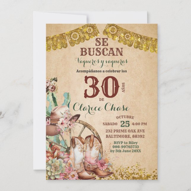Invitation Anniversaire Cowboy Floral Boho Country Western (Devant)