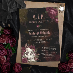 Invitation Anniversaire Crâne Sombre et Roses RIP Twenties