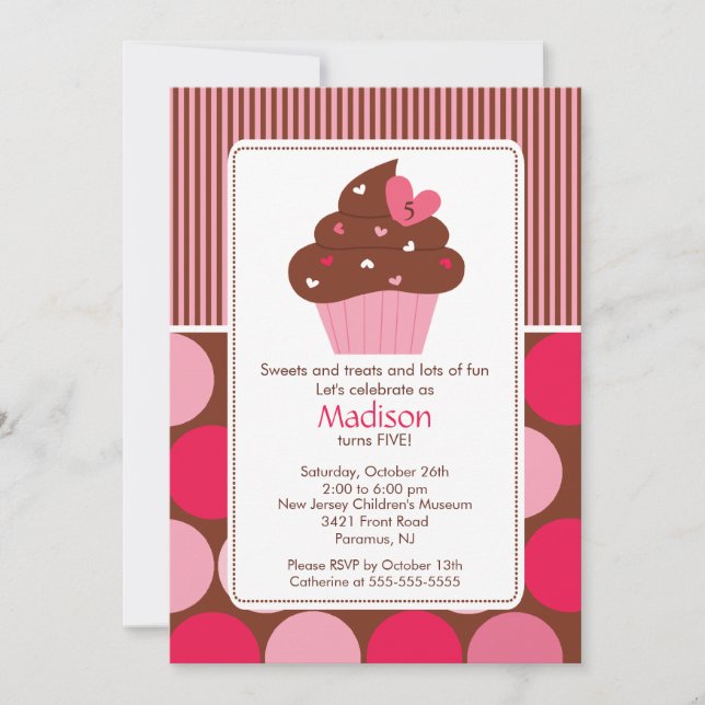 Invitation Anniversaire Cupcake Coeur sucré rose B (Devant)