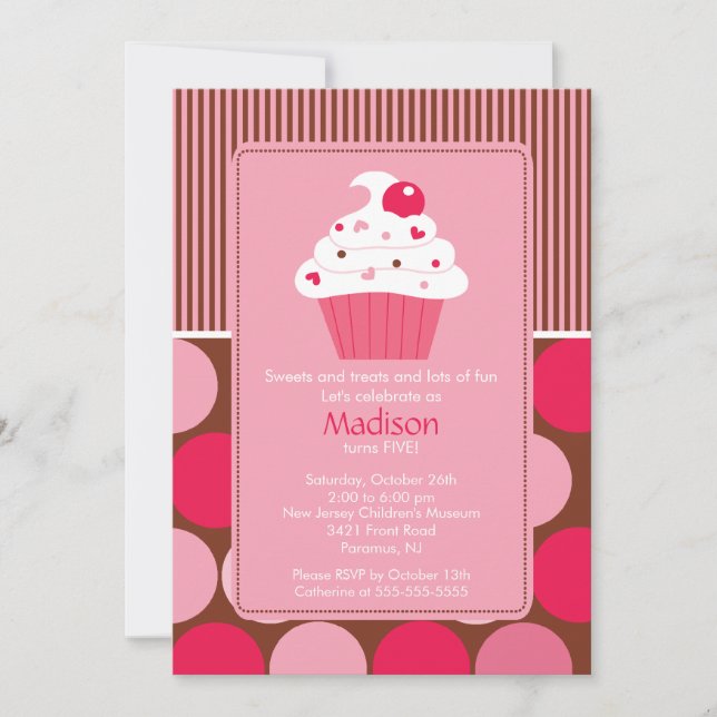 Invitation Anniversaire Cute Cherry Cupcake rose B (Devant)