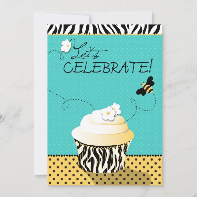 Invitation Anniversaire d'abeille et de petit gâteau (Devant)