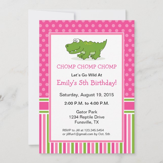 Invitation anniversaire d'alligator rose (Devant)