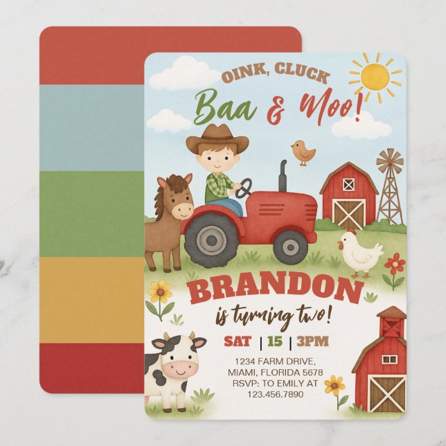 Invitation Anniversaire d'animaux de ferme modifiables  (Devant / Derrière)