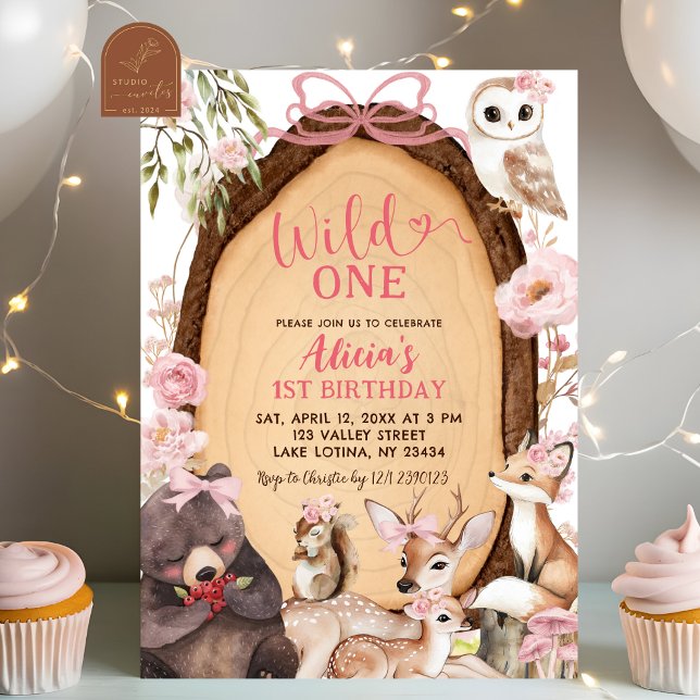 Invitation Anniversaire d'animaux de la forêt rose (Créateur téléchargé)