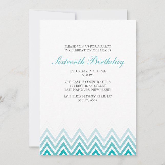 Invitation Anniversaire d'Aqua Ombre Chevrons (Devant)